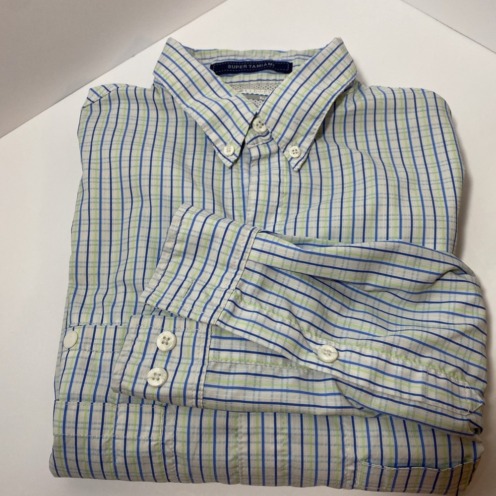 Columbia Mens XLarge Tamiami PFG Light Blue/Green L/S Button Down‎ Shirt F1